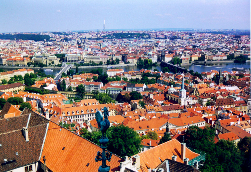 The beautiful city with the many red roofs seen from the castle